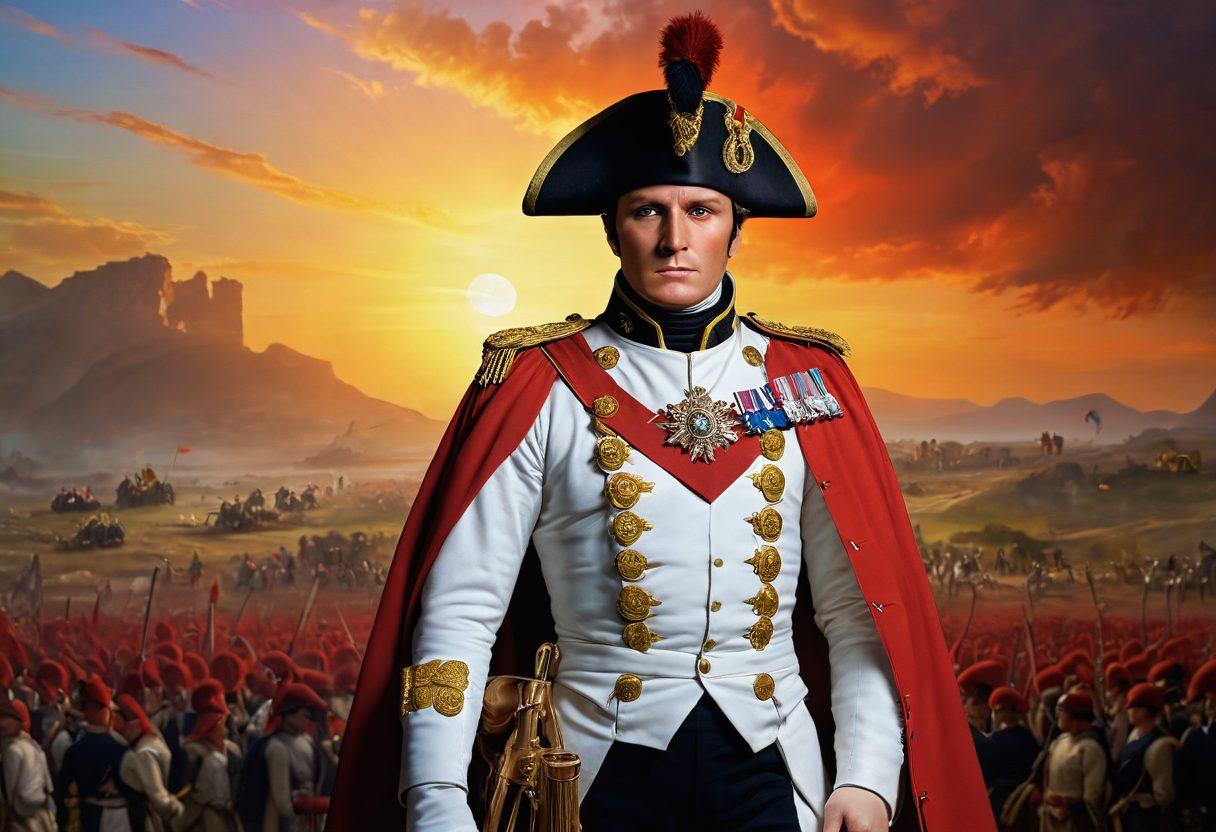 A dramatic portrait of Napoleon Bonaparte, clad in his iconic military uniform, standing proudly amidst an artistic backdrop of battlefields transitioning into a vibrant celebration scene, showcasing his complex legacy. Incorporate elements such as a rising sun symbolizing ambition, laurel wreaths, and people cheering, blending history with festivity. super-realistic. vibrant colors. cinematic atmosphere.