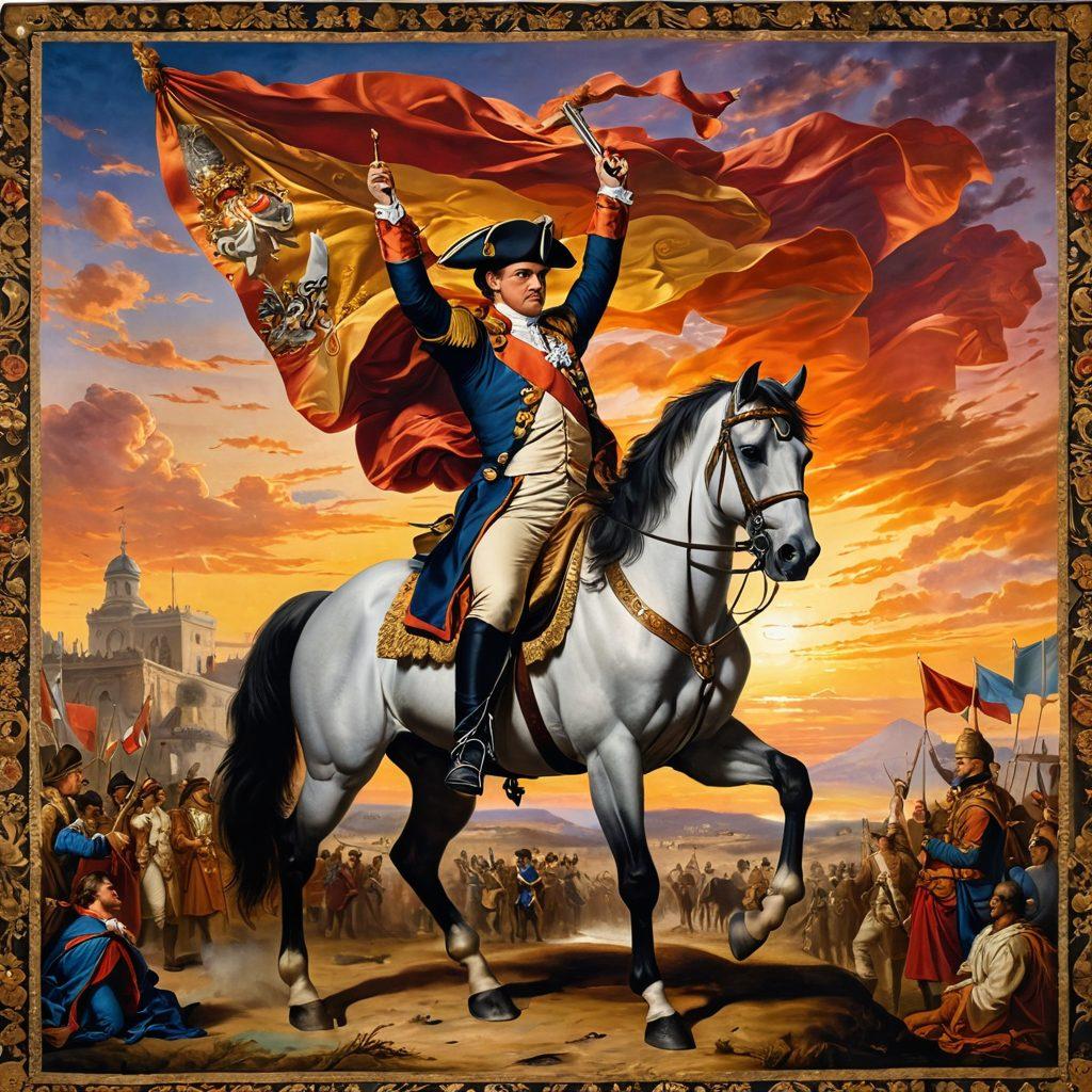 A vibrant tapestry depicting Napoleon Bonaparte, adorned in his military regalia, standing triumphantly on a battlefield with a radiant sunset behind him. Around him, diverse groups of people celebrating with smiles, holding flags and symbols of ambition and unity. The scene radiates joy and inspiration, encapsulating the essence of his legacy. Baroque art style. vivid colors. historical ambiance.