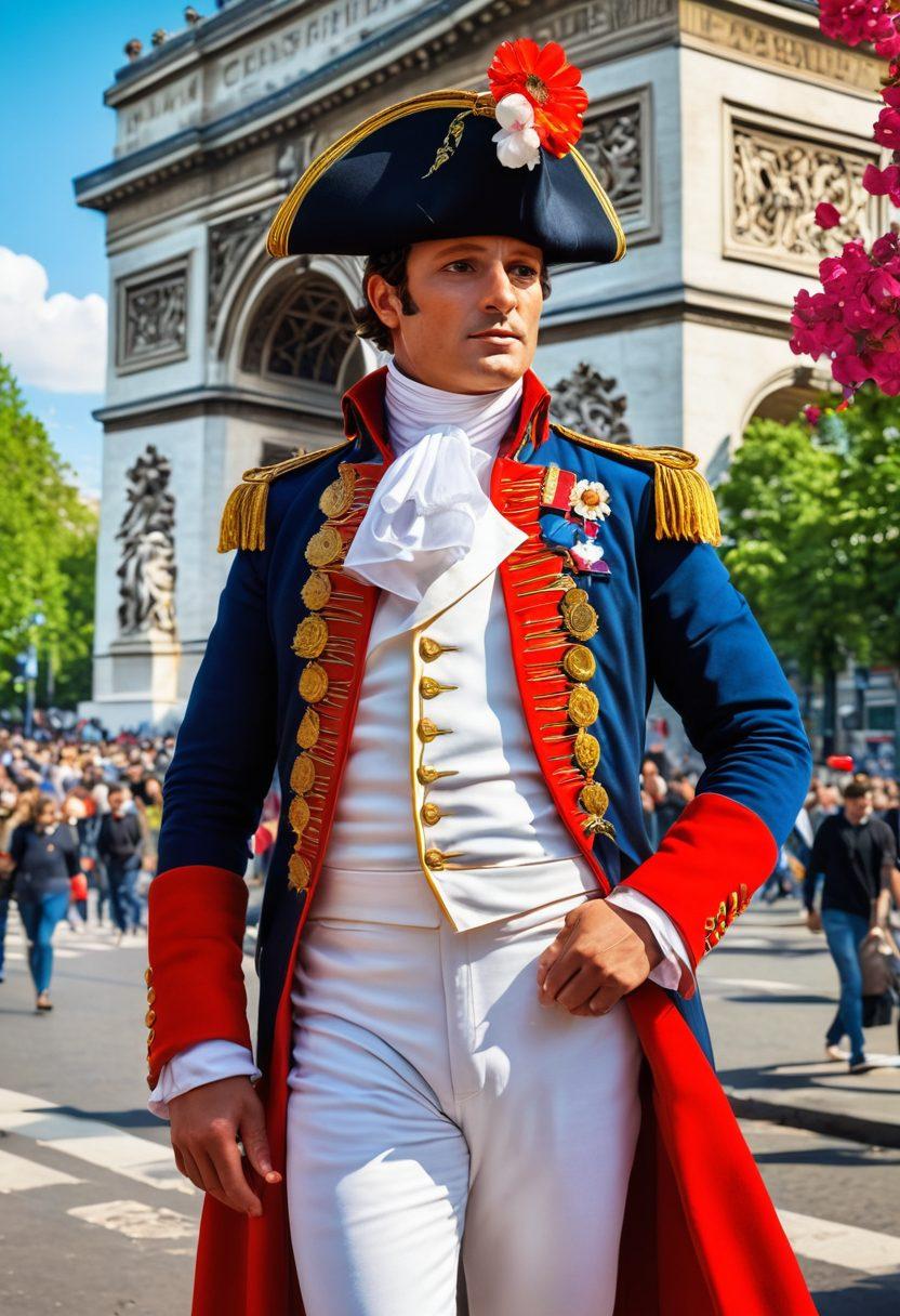 A vibrant and colorful depiction of Napoleon Bonaparte, dressed in a flamboyant military uniform, joyfully interacting with diverse citizens in a sunlit Parisian street. The background should feature iconic landmarks like the Arc de Triomphe and cheerful flowers blooming in spring, symbolizing positivity and revolution. Include elements that represent culture, art, and community, capturing the essence of a blissful era. super-realistic. vibrant colors. historical art.